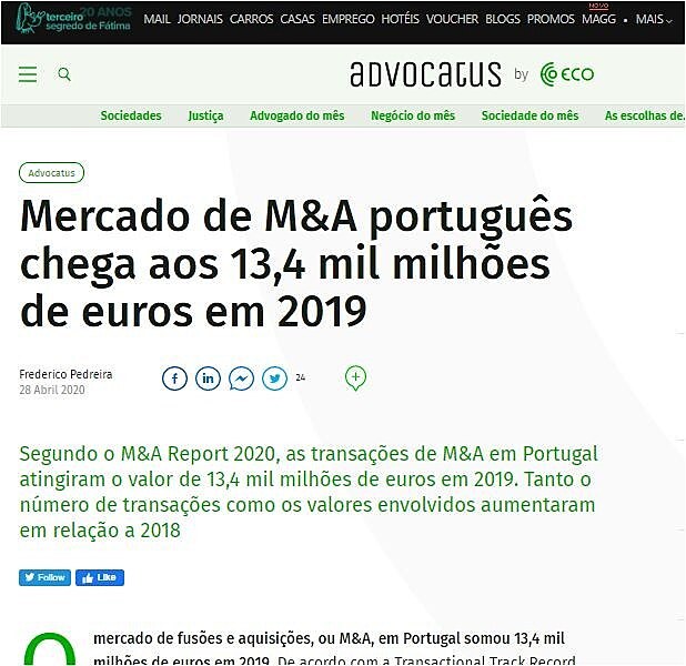 Mercado de M&A portugus chega aos 13,4 mil milhes de euros em 2019